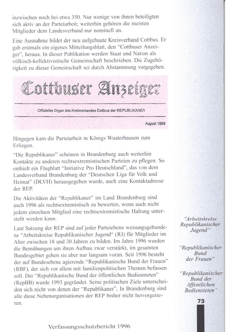 Seite 75 des Verfassungsschutzbericht 1996 Brandenburg