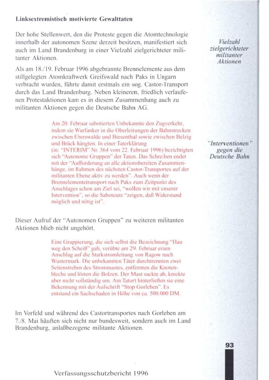Seite 95 des Verfassungsschutzbericht 1996 Brandenburg