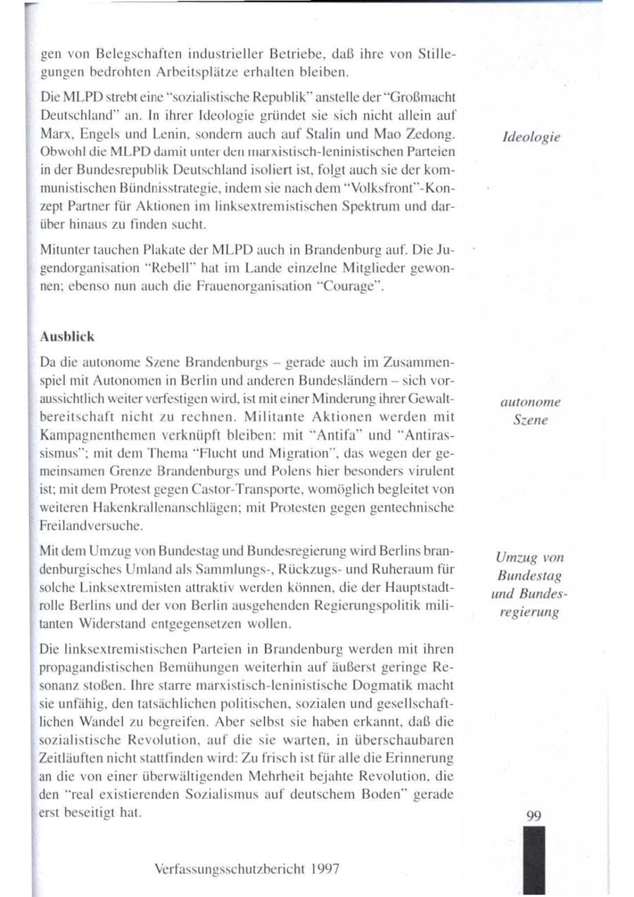 Seite 101 des Verfassungsschutzbericht 1997 Brandenburg