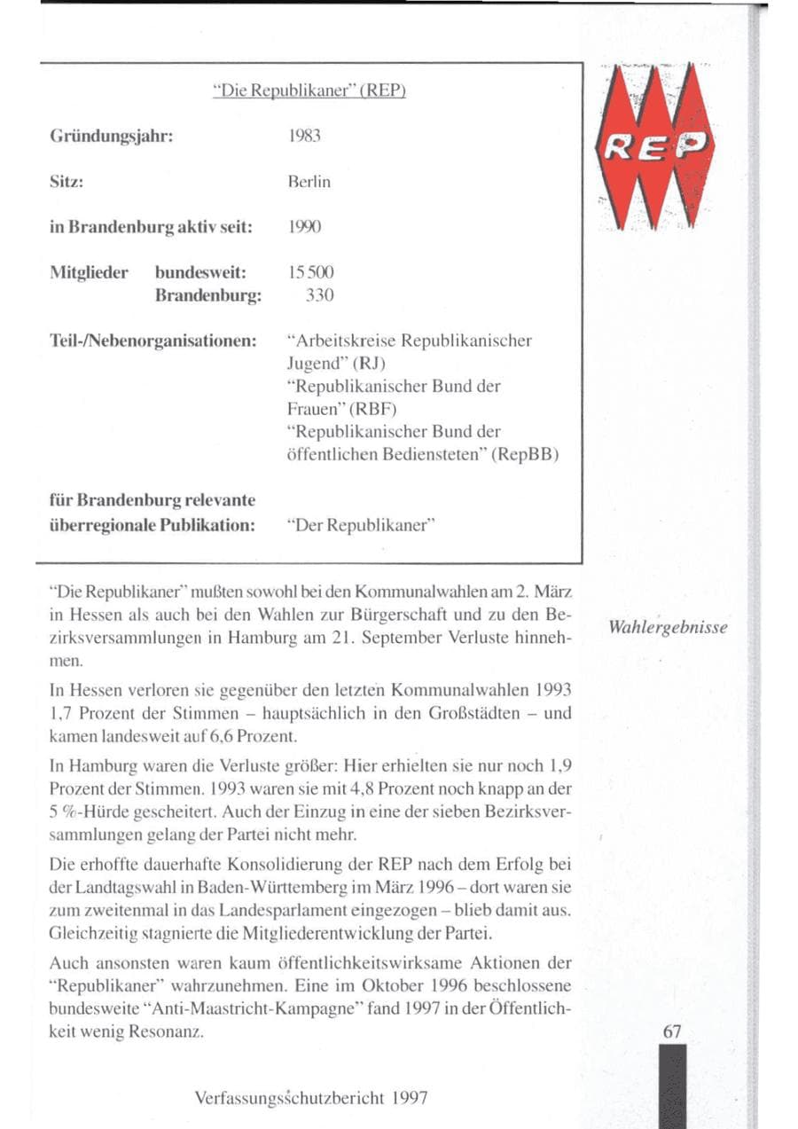 Seite 69 des Verfassungsschutzbericht 1997 Brandenburg