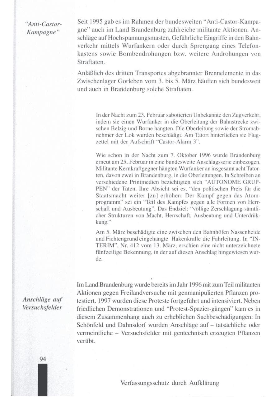 Seite 96 des Verfassungsschutzbericht 1997 Brandenburg