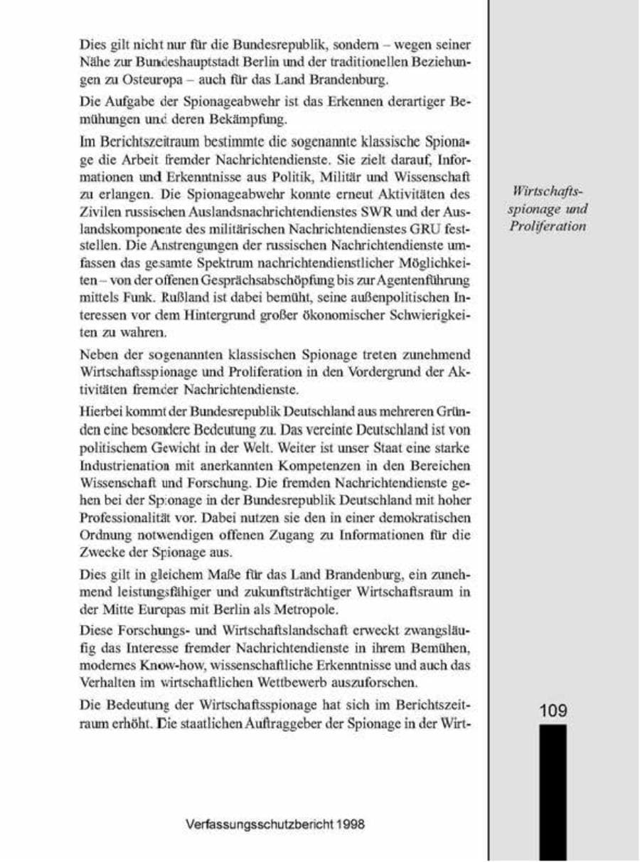 Seite 109 des Verfassungsschutzbericht 1998 Brandenburg