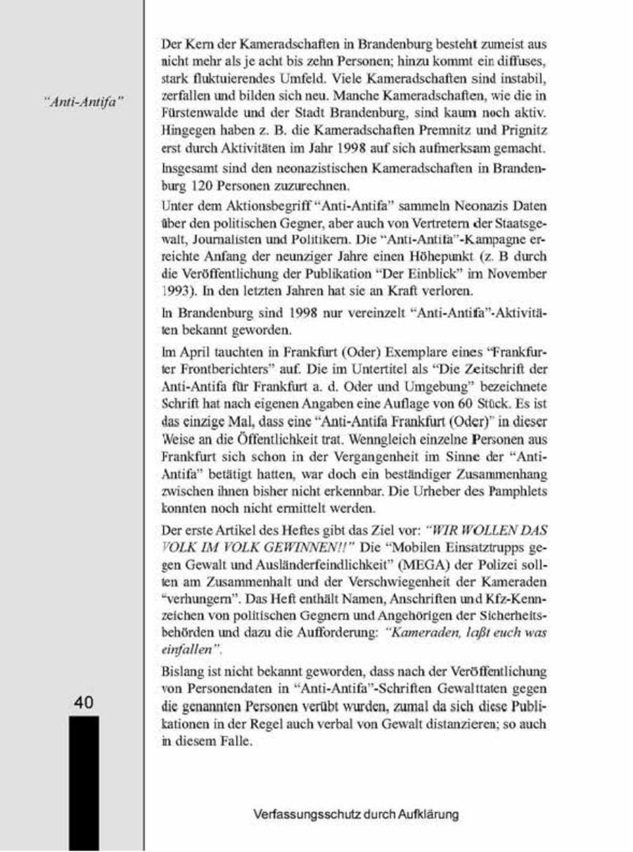 Seite 40 des Verfassungsschutzbericht 1998 Brandenburg