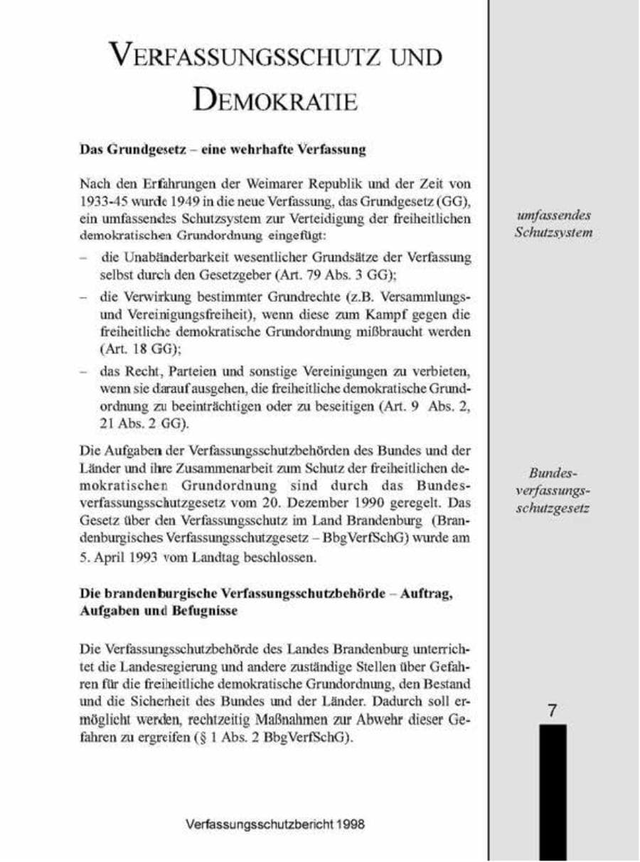 Seite 7 des Verfassungsschutzbericht 1998 Brandenburg