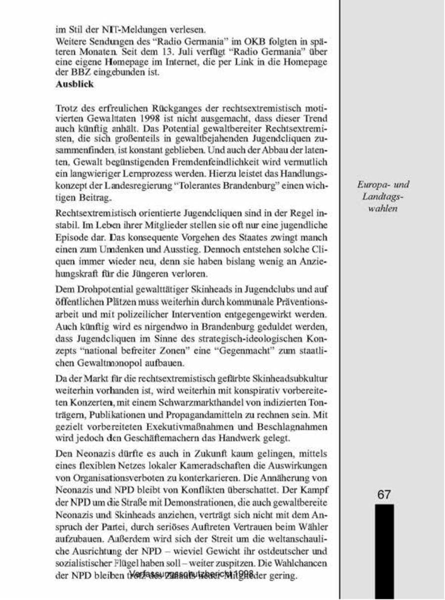 Seite 67 des Verfassungsschutzbericht 1998 Brandenburg