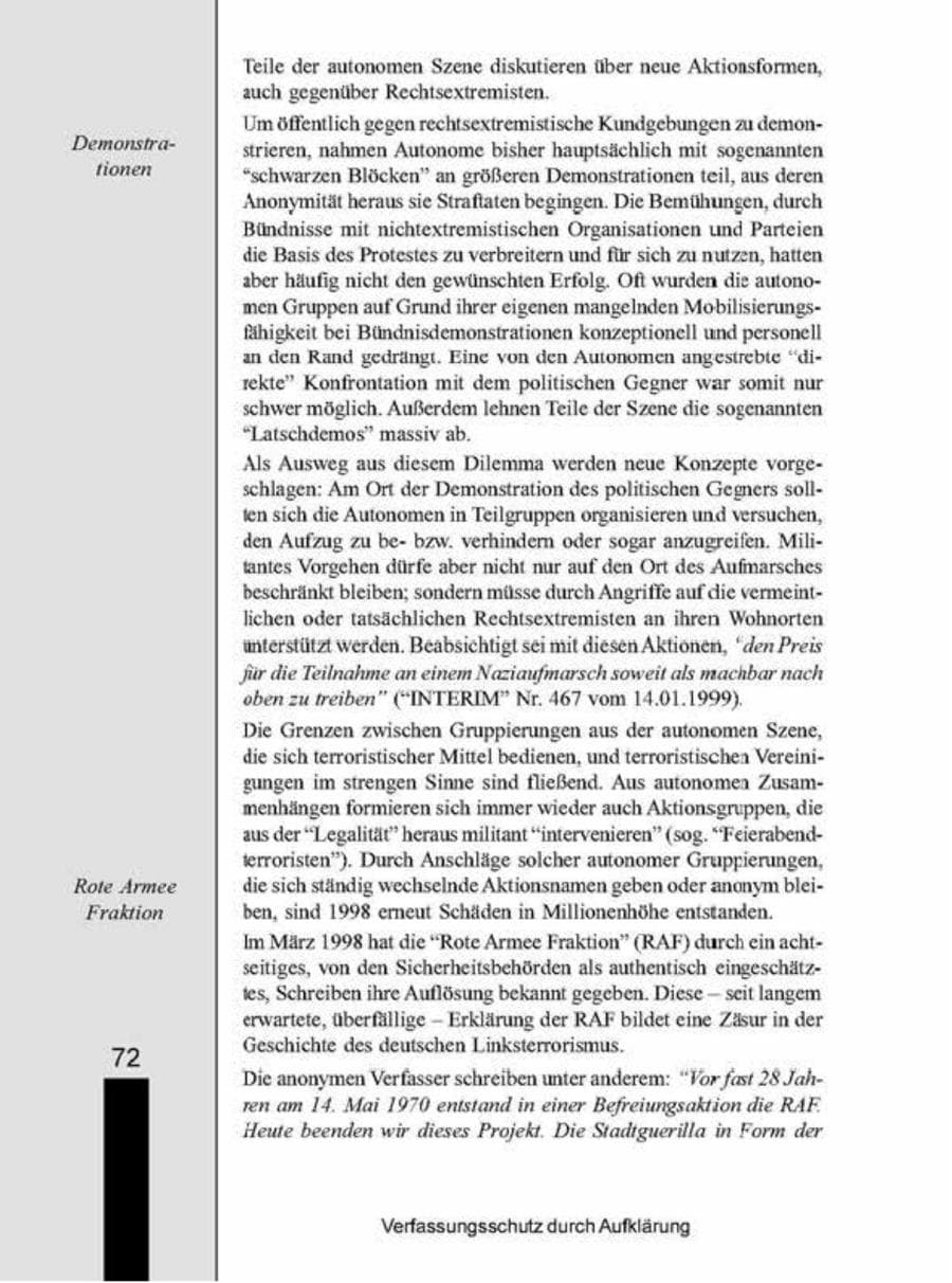 Seite 72 des Verfassungsschutzbericht 1998 Brandenburg