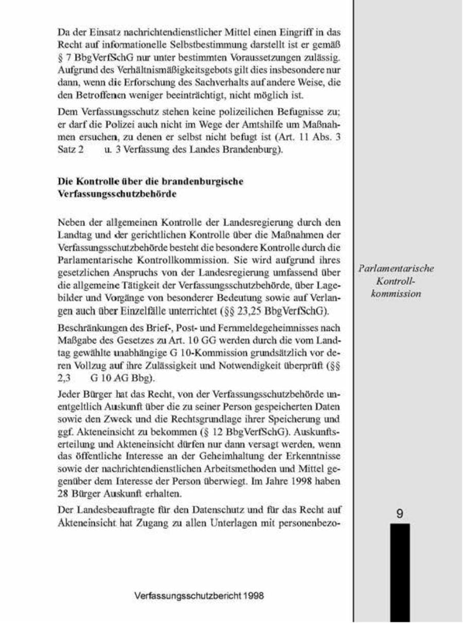 Seite 9 des Verfassungsschutzbericht 1998 Brandenburg