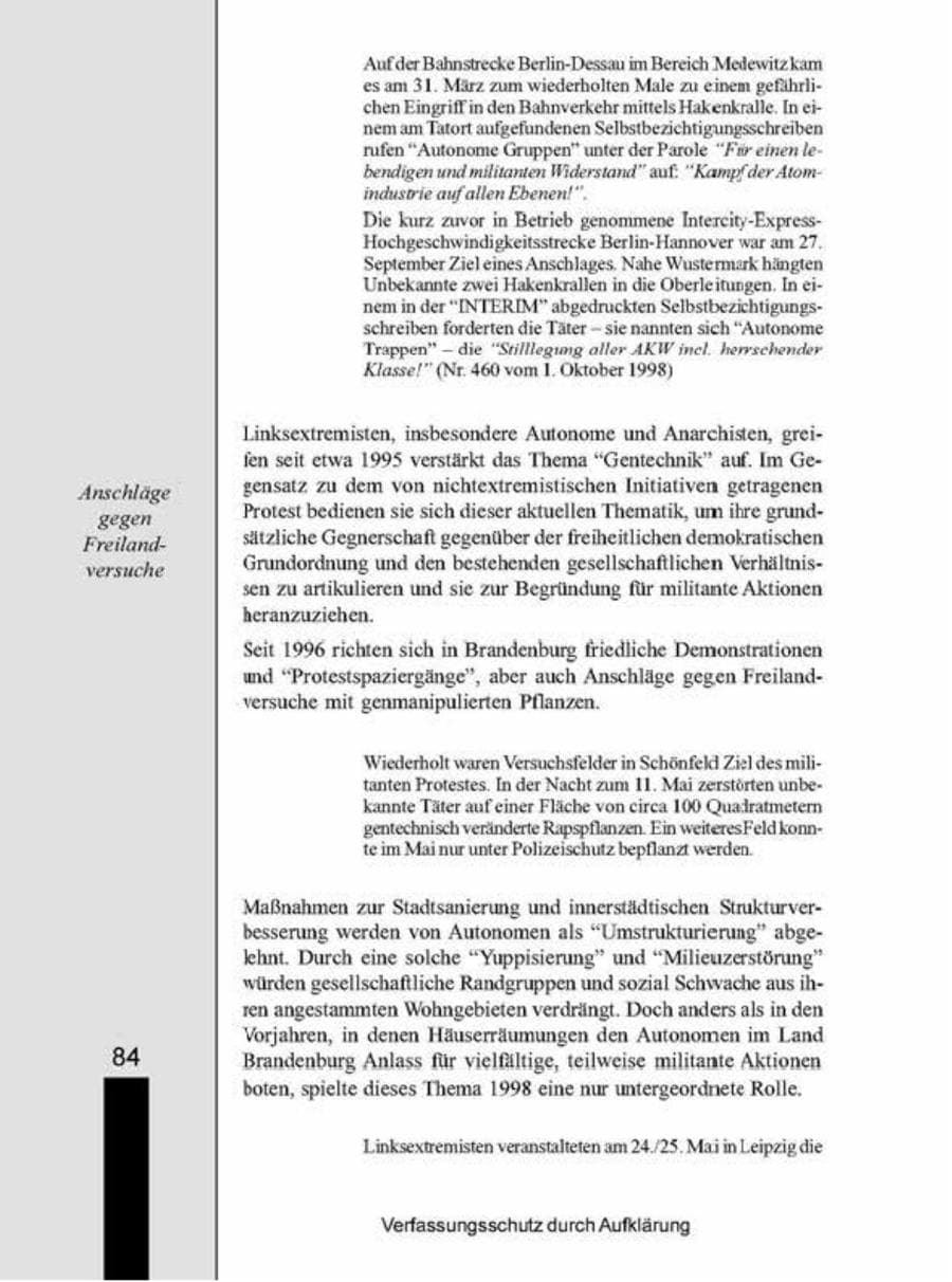 Seite 84 des Verfassungsschutzbericht 1998 Brandenburg