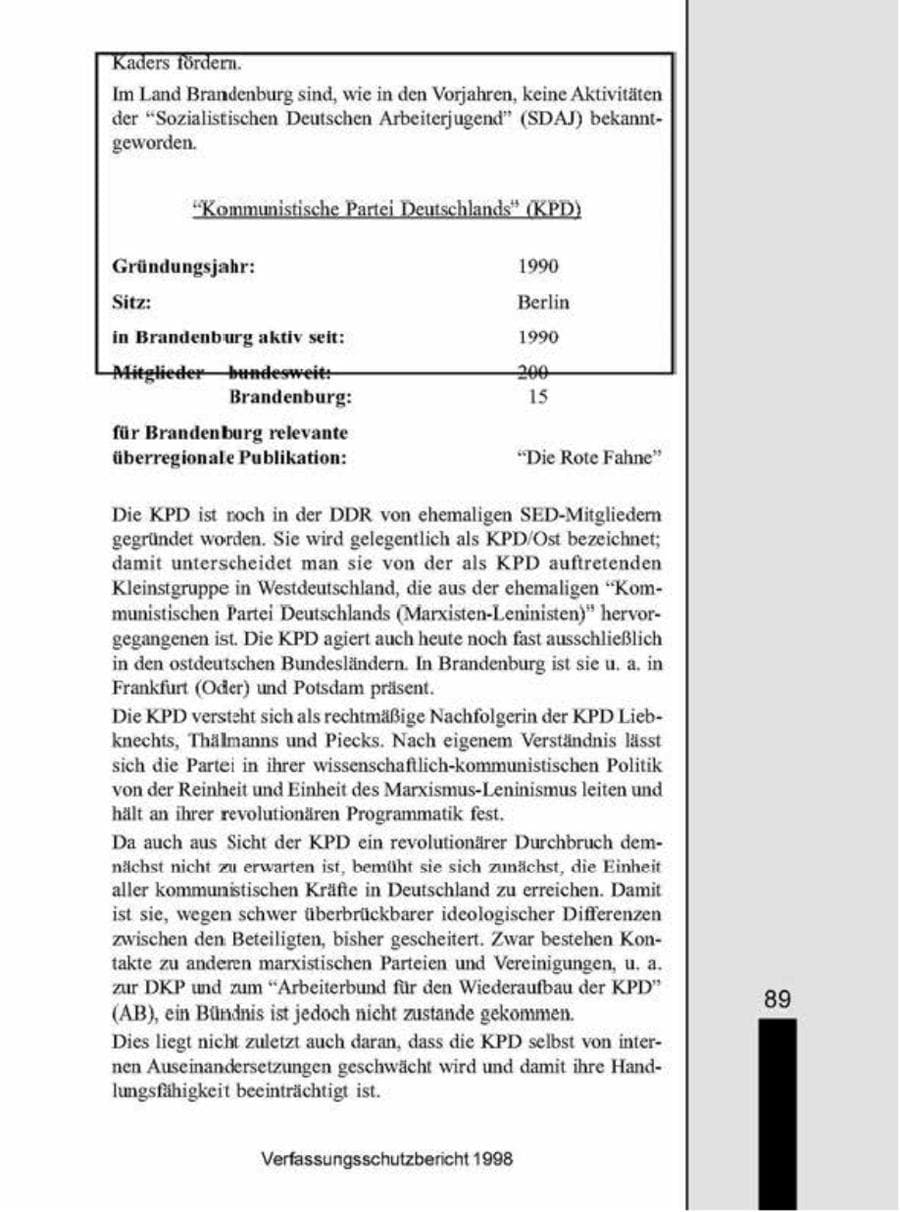 Seite 89 des Verfassungsschutzbericht 1998 Brandenburg