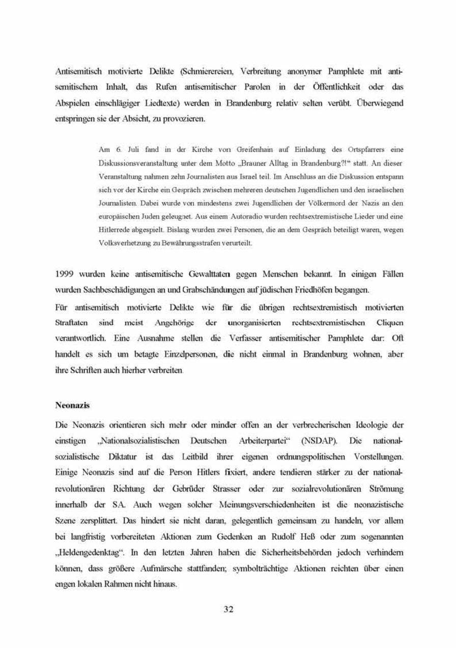 Seite 32 des Verfassungsschutzbericht 1999 Brandenburg