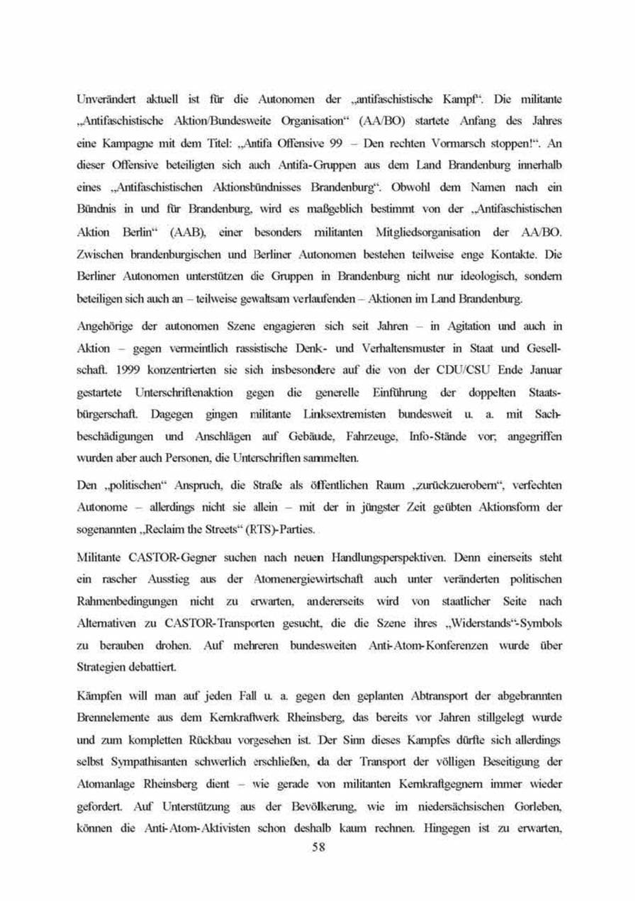 Seite 58 des Verfassungsschutzbericht 1999 Brandenburg