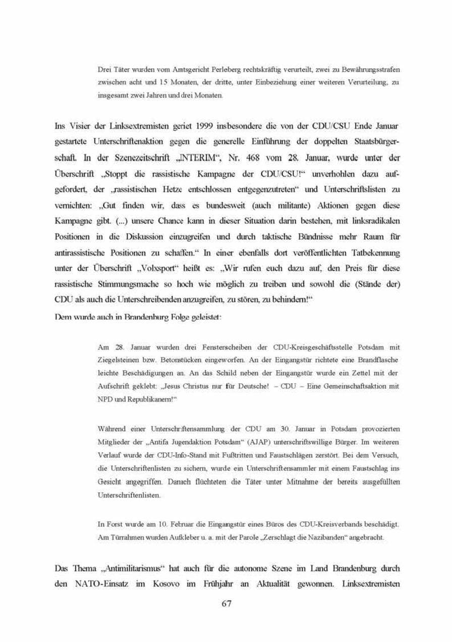 Seite 67 des Verfassungsschutzbericht 1999 Brandenburg