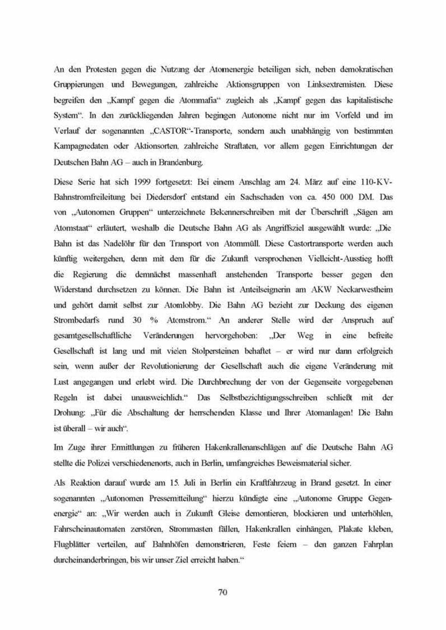 Seite 70 des Verfassungsschutzbericht 1999 Brandenburg