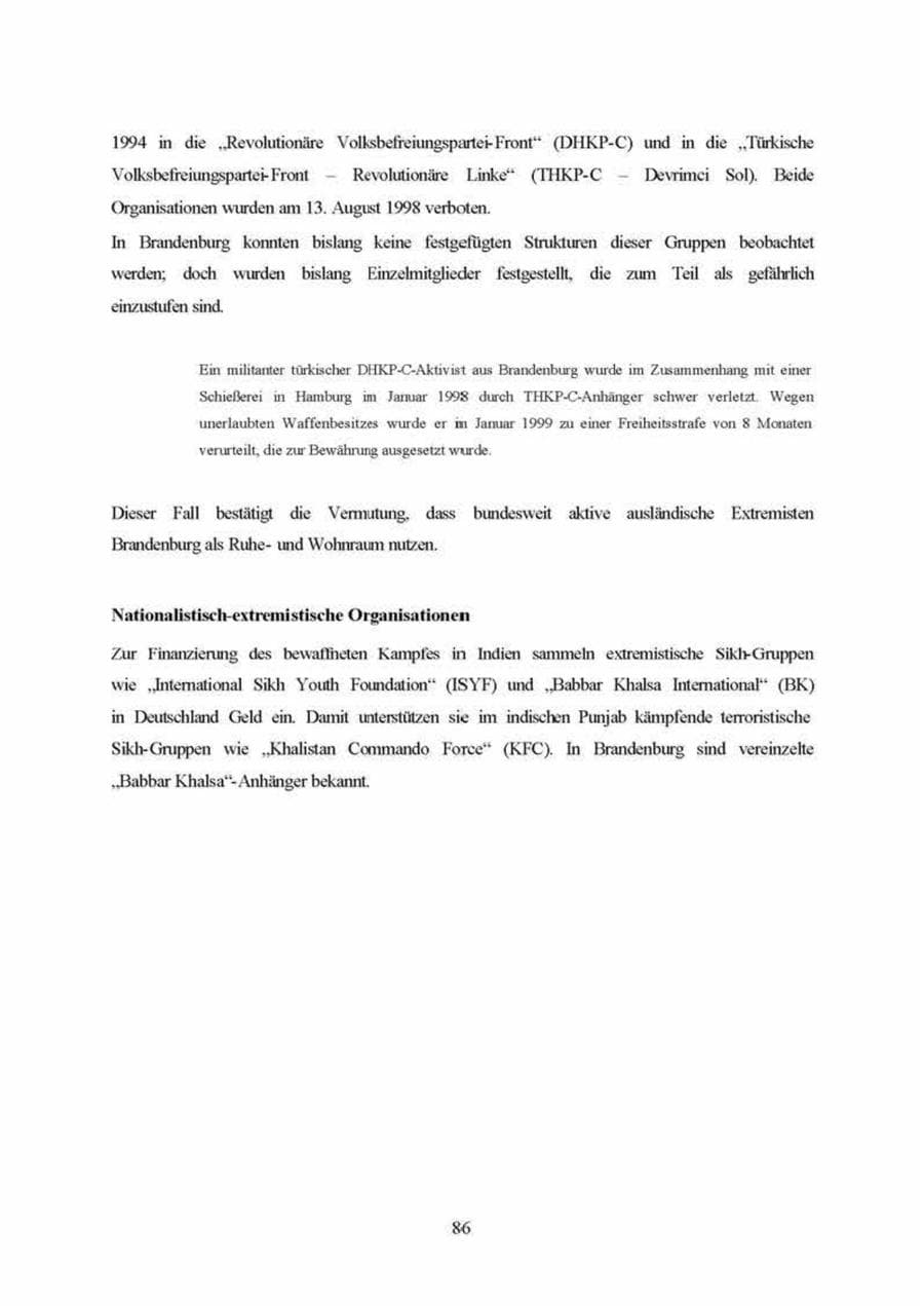 Seite 86 des Verfassungsschutzbericht 1999 Brandenburg