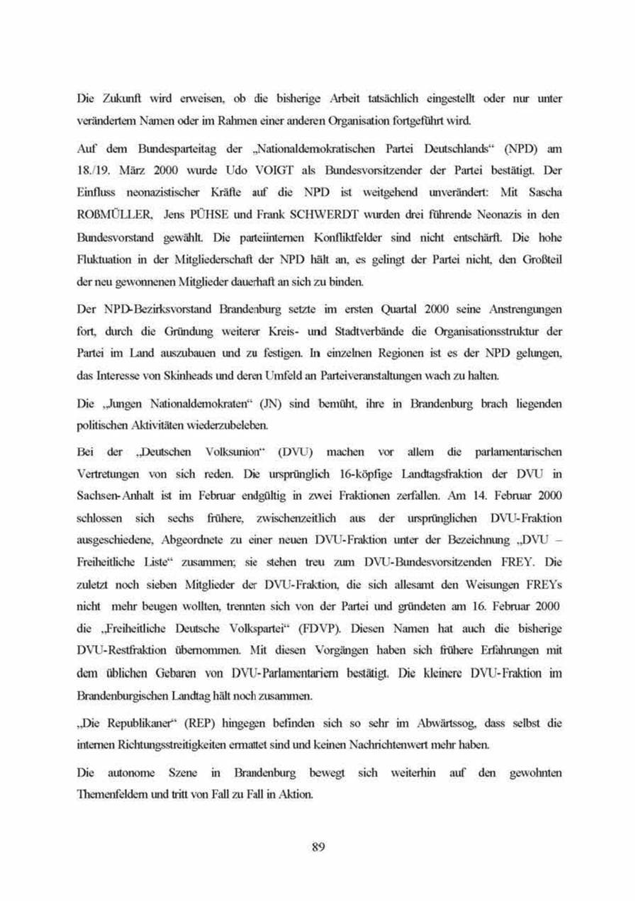 Seite 89 des Verfassungsschutzbericht 1999 Brandenburg