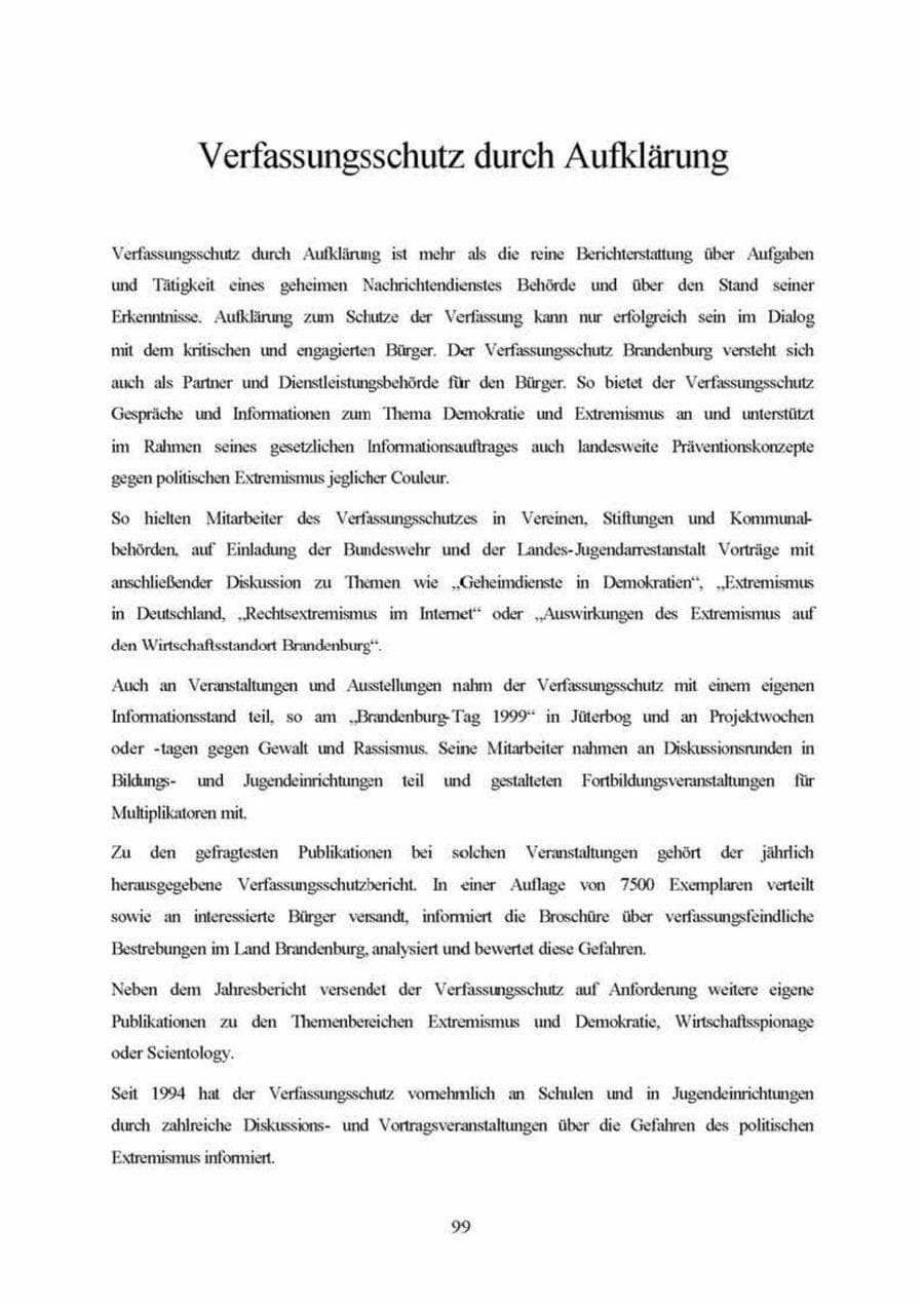 Seite 99 des Verfassungsschutzbericht 1999 Brandenburg
