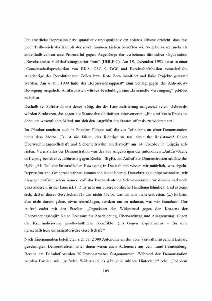 Seite 109 des Verfassungsschutzbericht 2000 Brandenburg