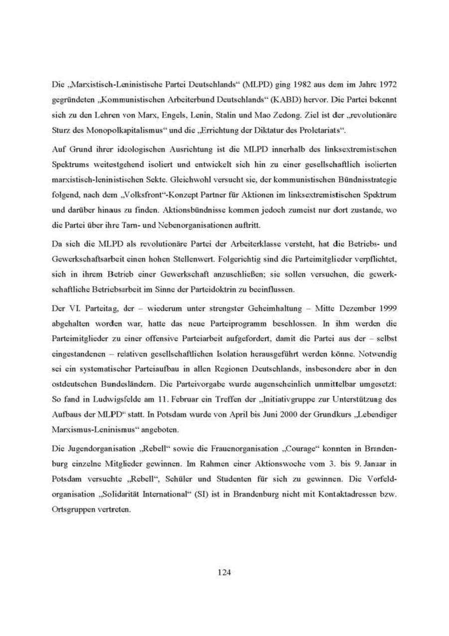 Seite 124 des Verfassungsschutzbericht 2000 Brandenburg