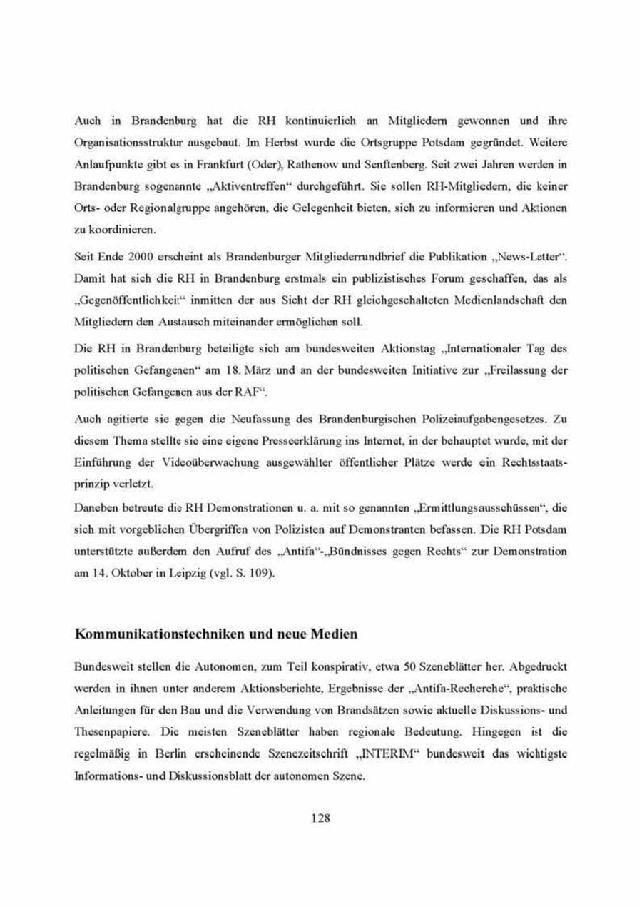 Seite 128 des Verfassungsschutzbericht 2000 Brandenburg