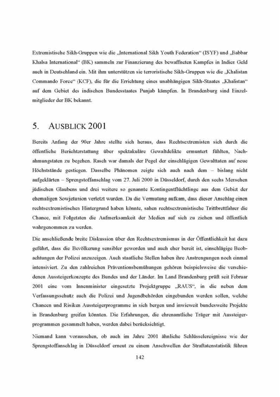 Seite 142 des Verfassungsschutzbericht 2000 Brandenburg