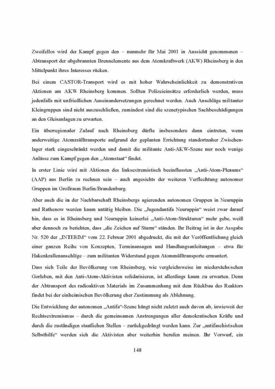 Seite 148 des Verfassungsschutzbericht 2000 Brandenburg