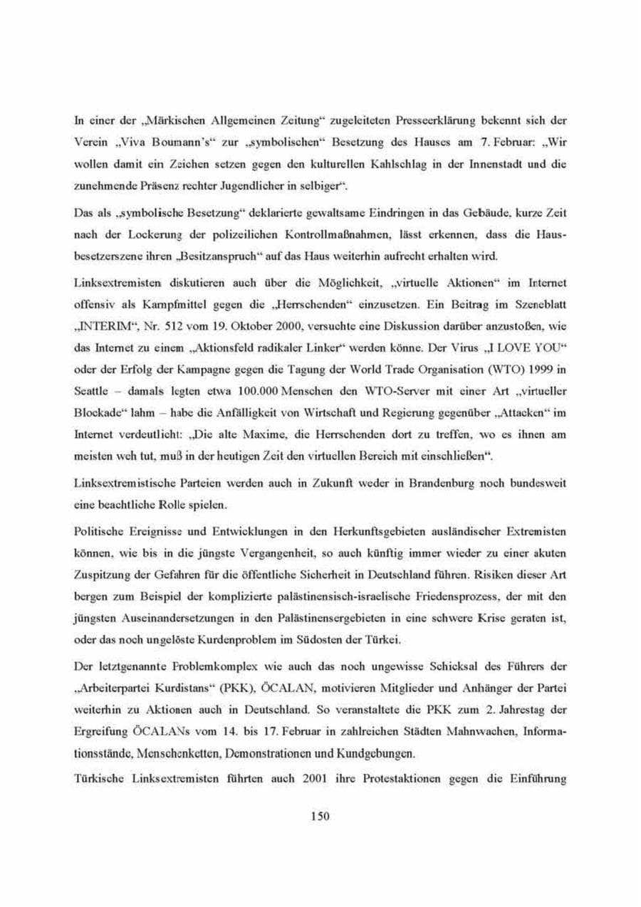 Seite 150 des Verfassungsschutzbericht 2000 Brandenburg