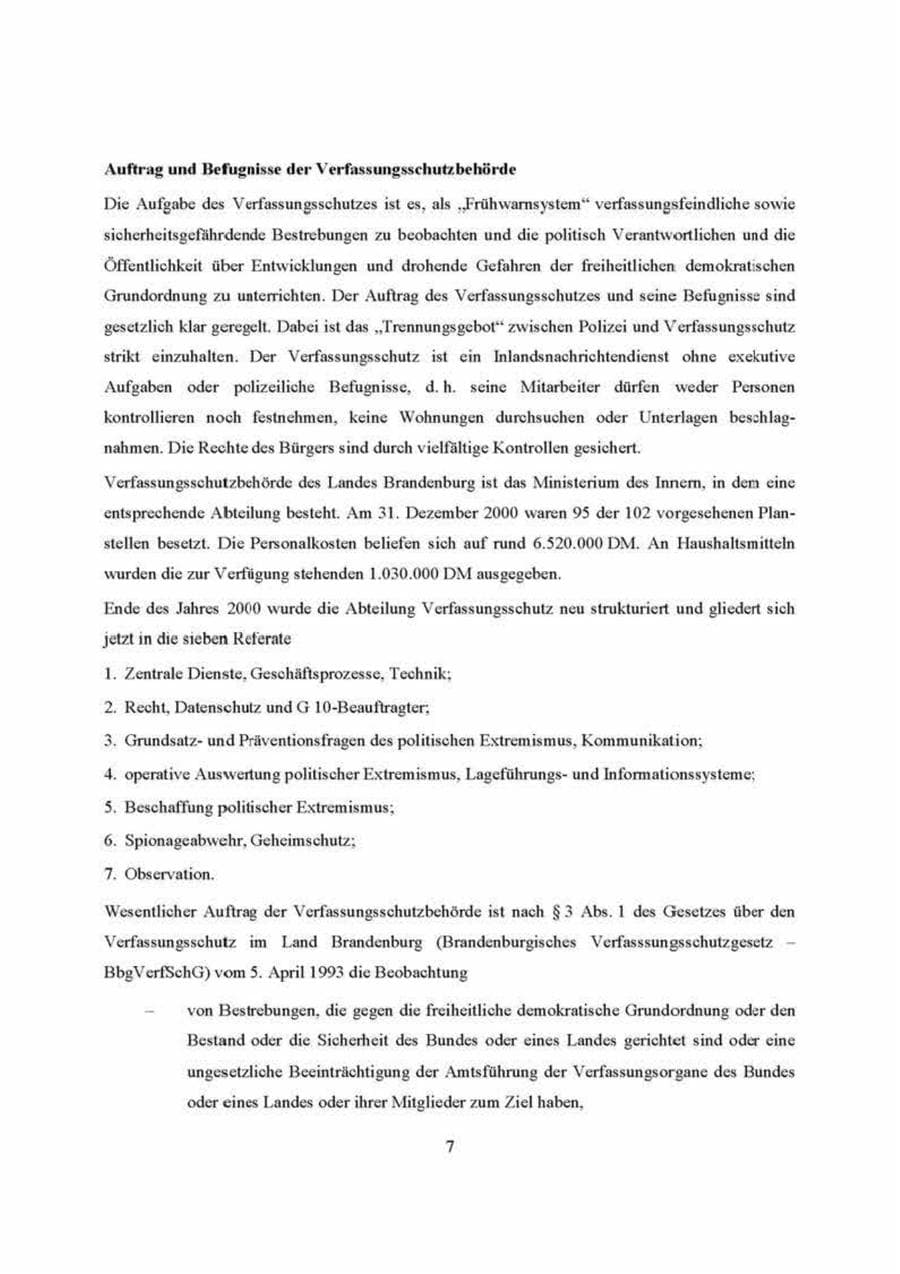 Seite 7 des Verfassungsschutzbericht 2000 Brandenburg