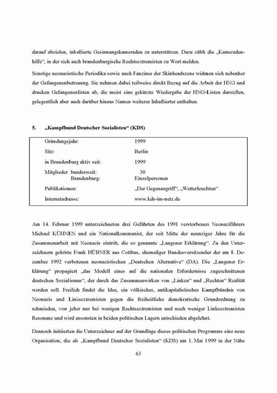 Seite 63 des Verfassungsschutzbericht 2000 Brandenburg
