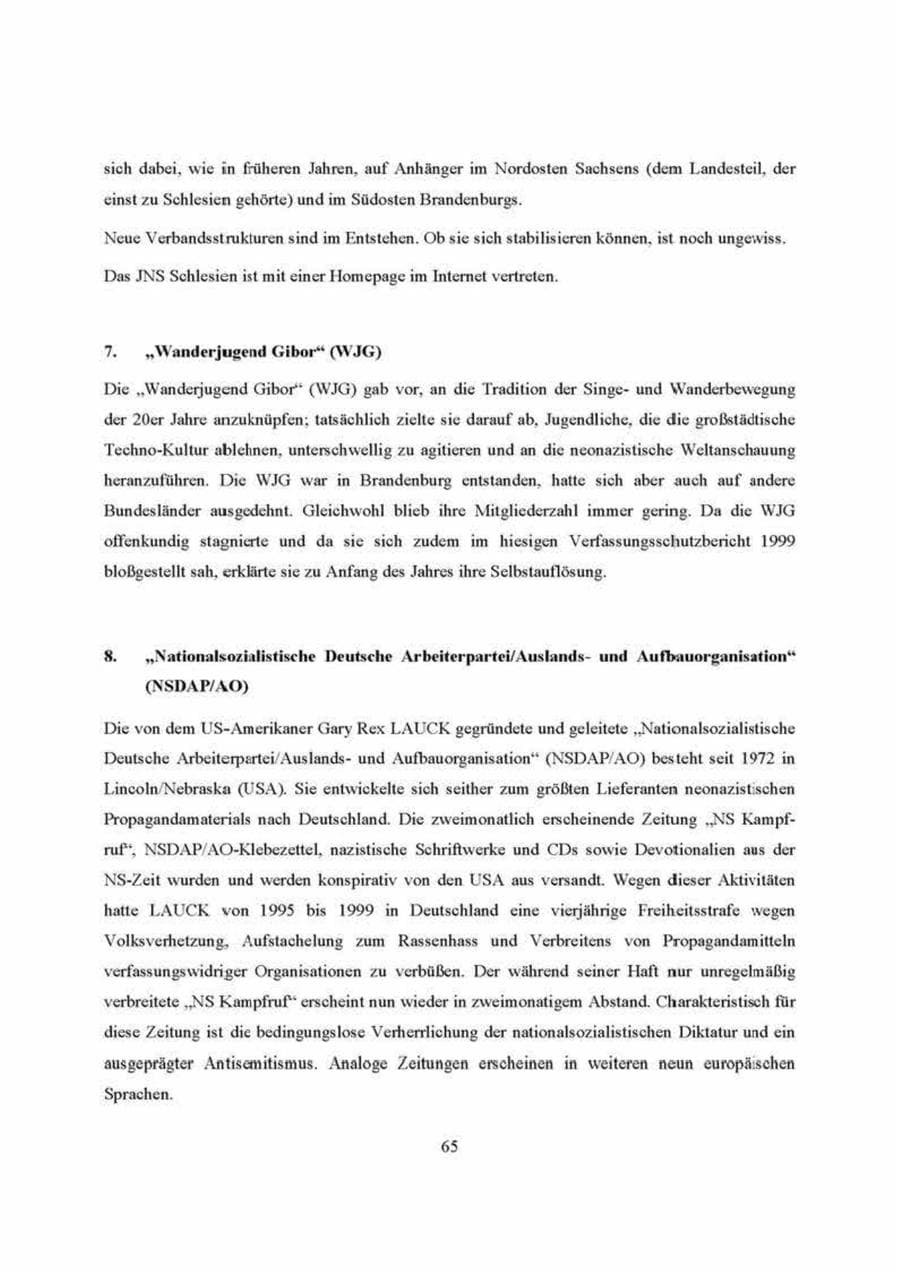 Seite 65 des Verfassungsschutzbericht 2000 Brandenburg