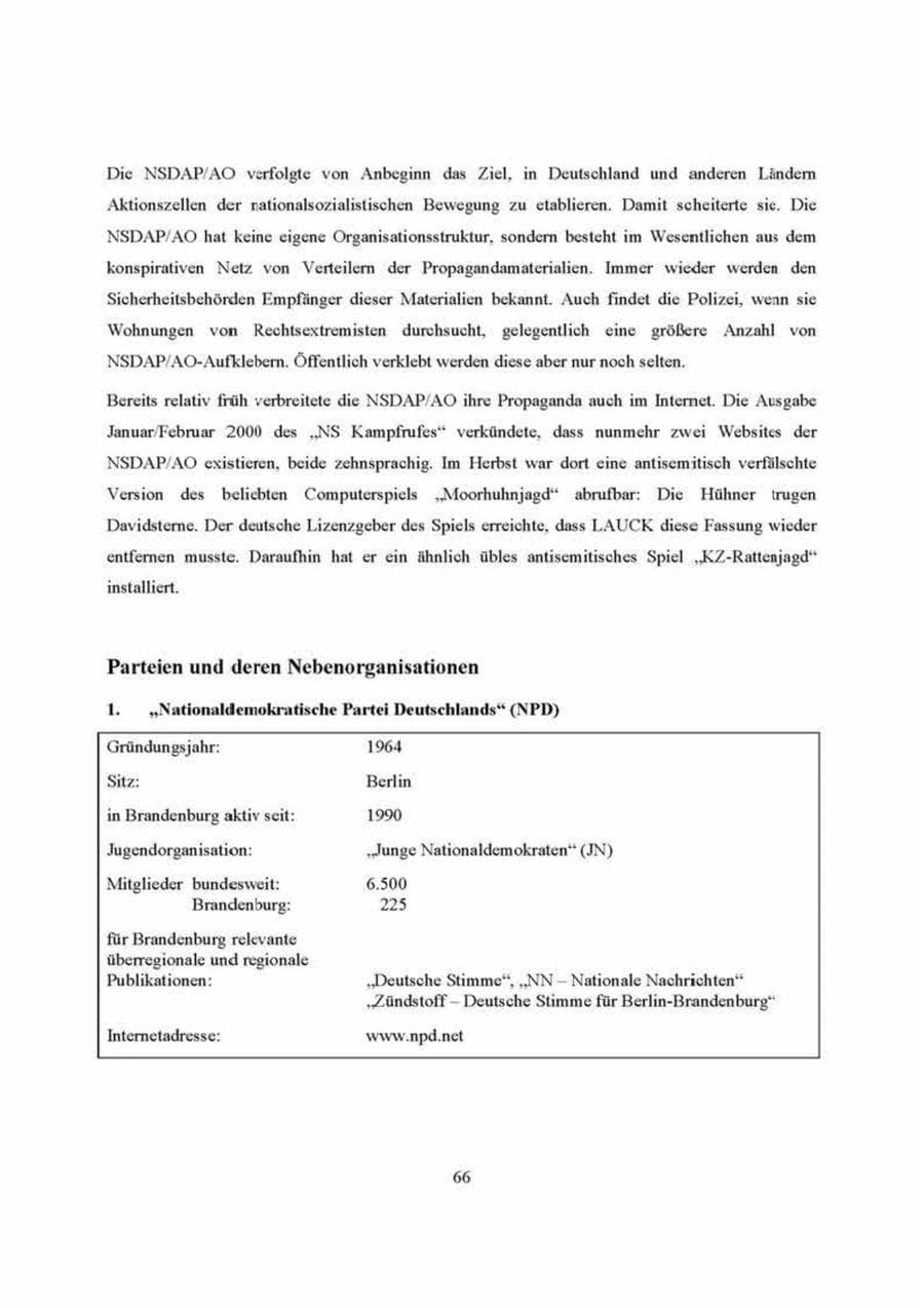 Seite 66 des Verfassungsschutzbericht 2000 Brandenburg