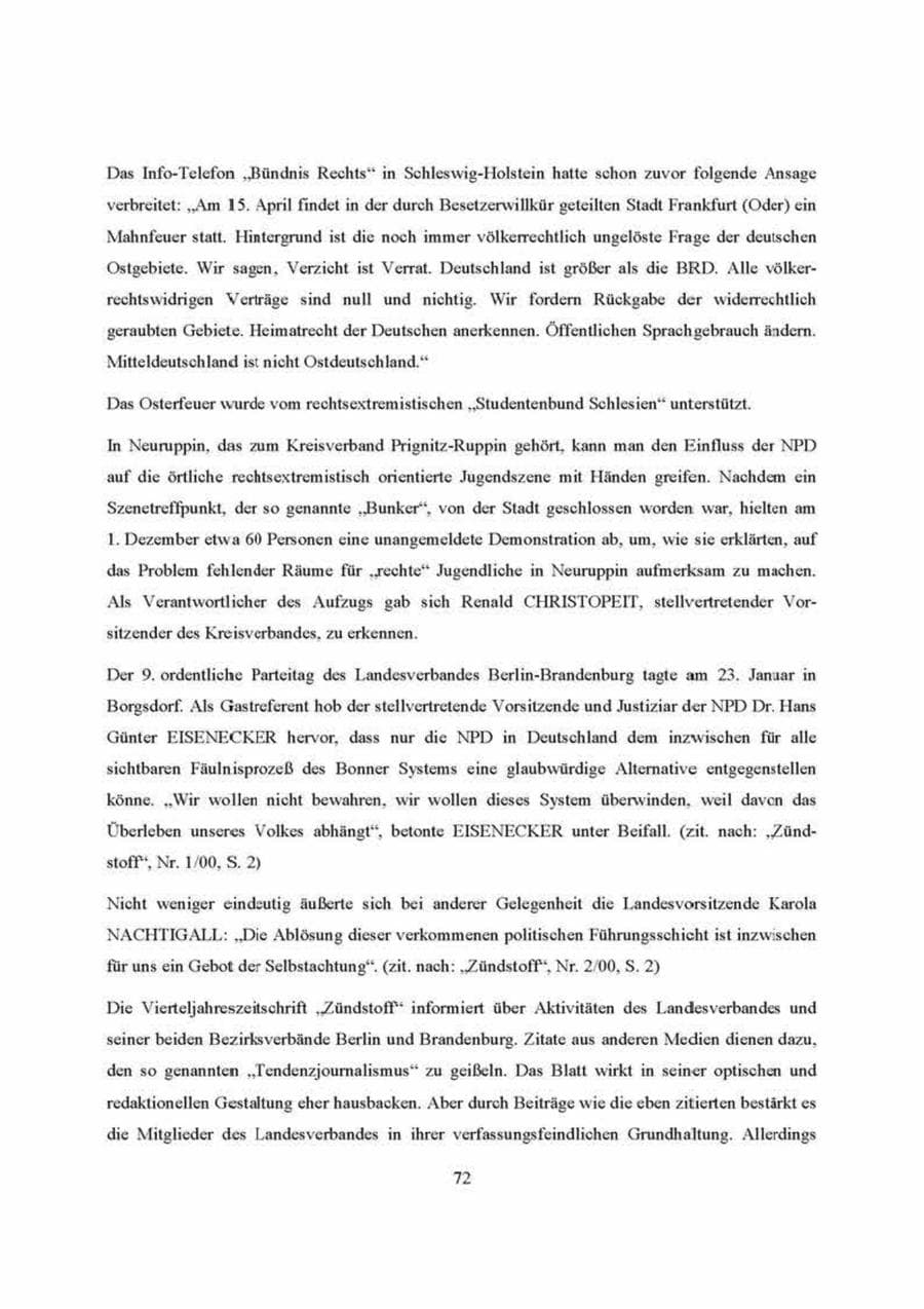 Seite 72 des Verfassungsschutzbericht 2000 Brandenburg