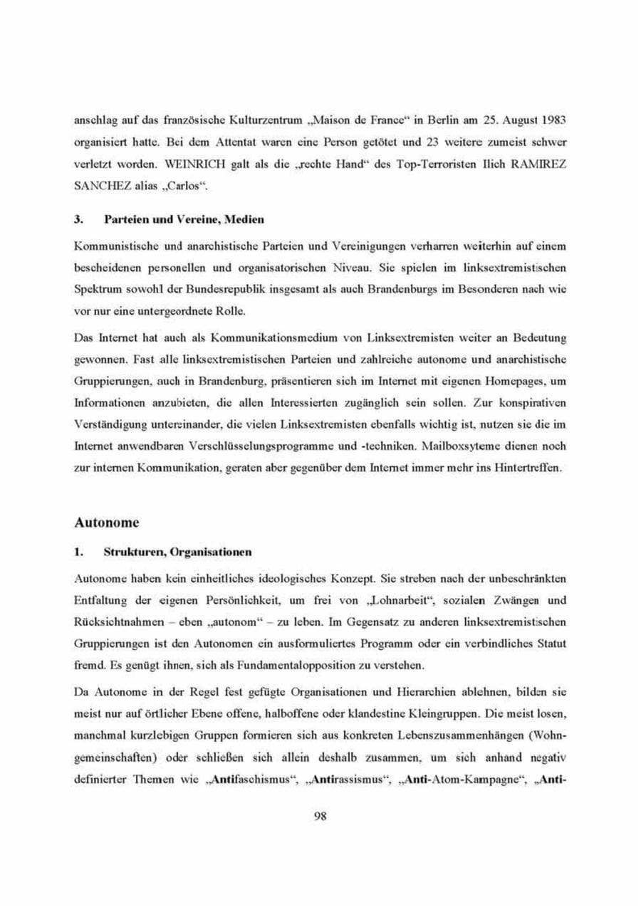 Seite 98 des Verfassungsschutzbericht 2000 Brandenburg