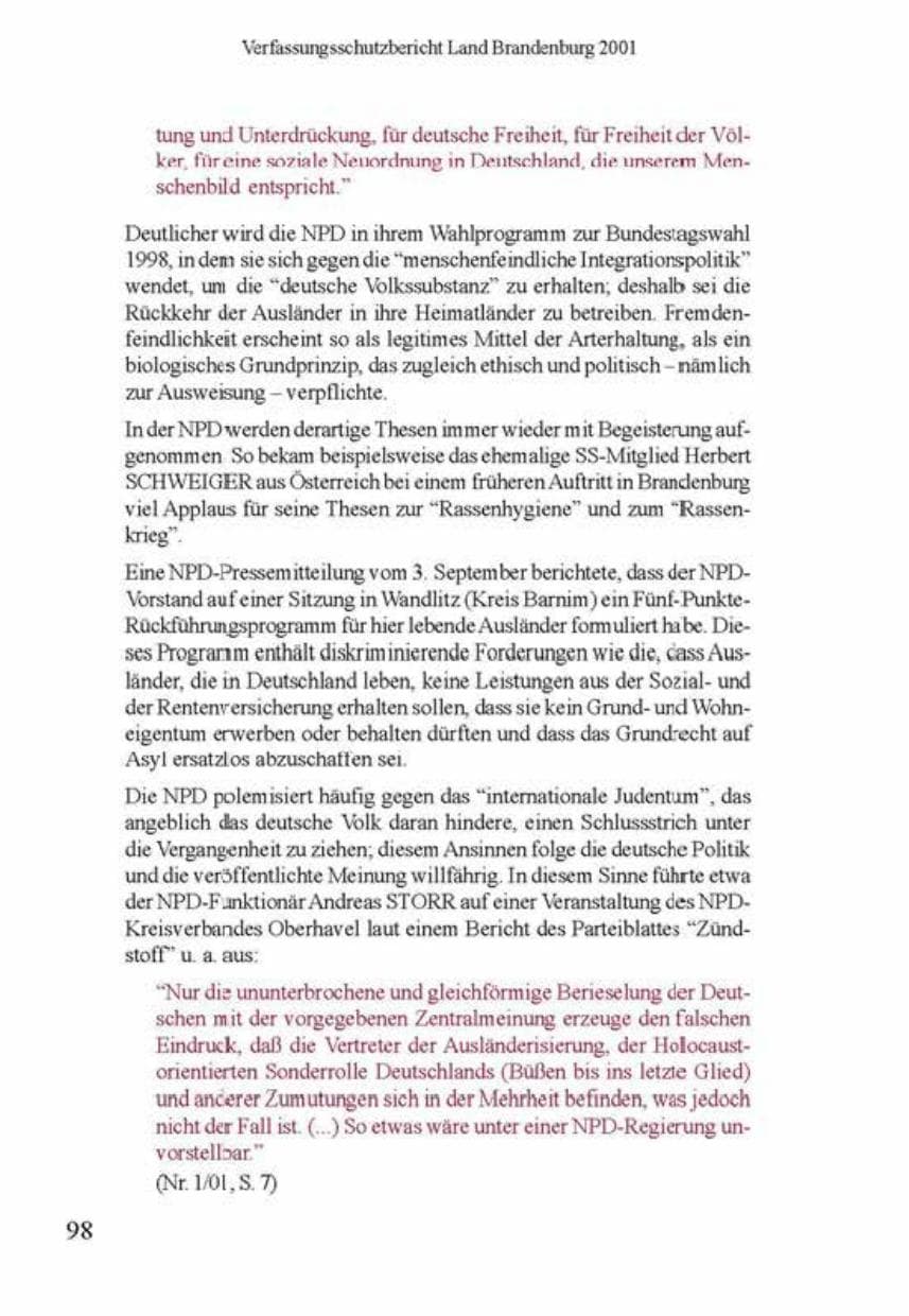 Seite 102 des Verfassungsschutzbericht 2001 Brandenburg