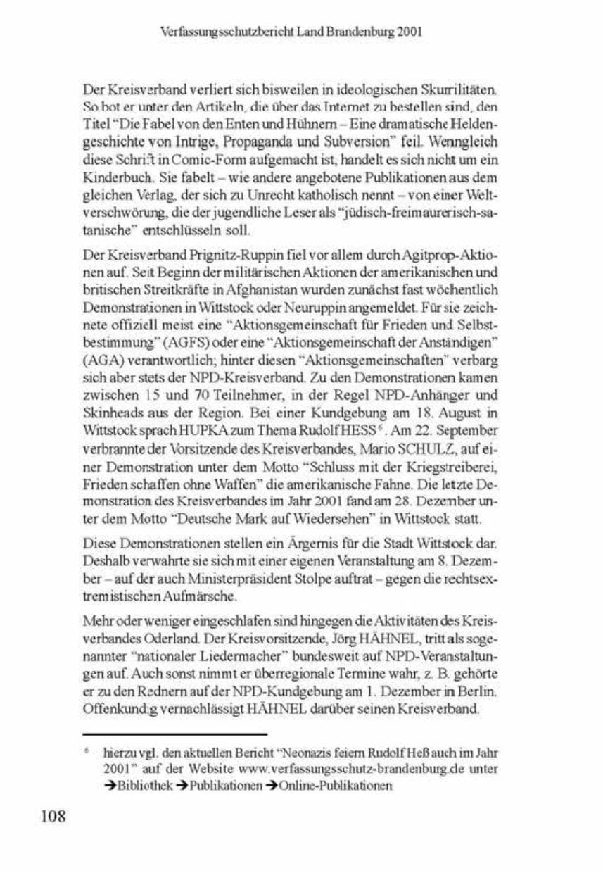 Seite 112 des Verfassungsschutzbericht 2001 Brandenburg