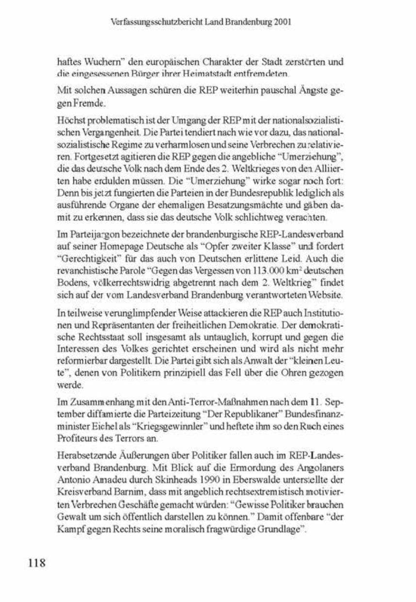 Seite 122 des Verfassungsschutzbericht 2001 Brandenburg