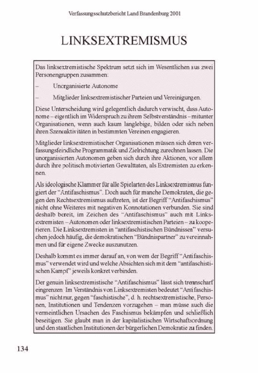 Seite 138 des Verfassungsschutzbericht 2001 Brandenburg