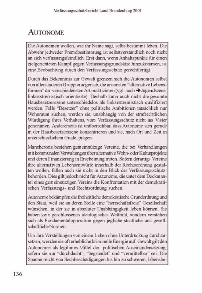 Seite 140 des Verfassungsschutzbericht 2001 Brandenburg
