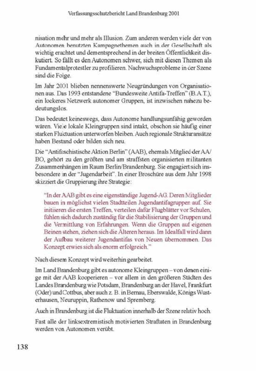 Seite 142 des Verfassungsschutzbericht 2001 Brandenburg
