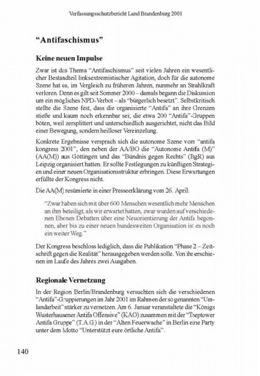 Seite 144 des Verfassungsschutzbericht 2001 Brandenburg