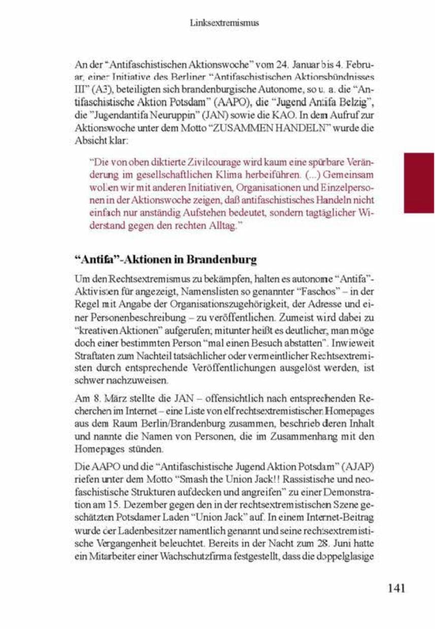 Seite 145 des Verfassungsschutzbericht 2001 Brandenburg