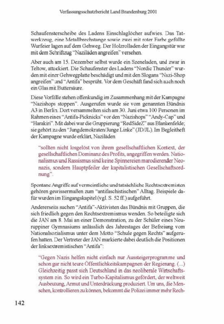 Seite 146 des Verfassungsschutzbericht 2001 Brandenburg