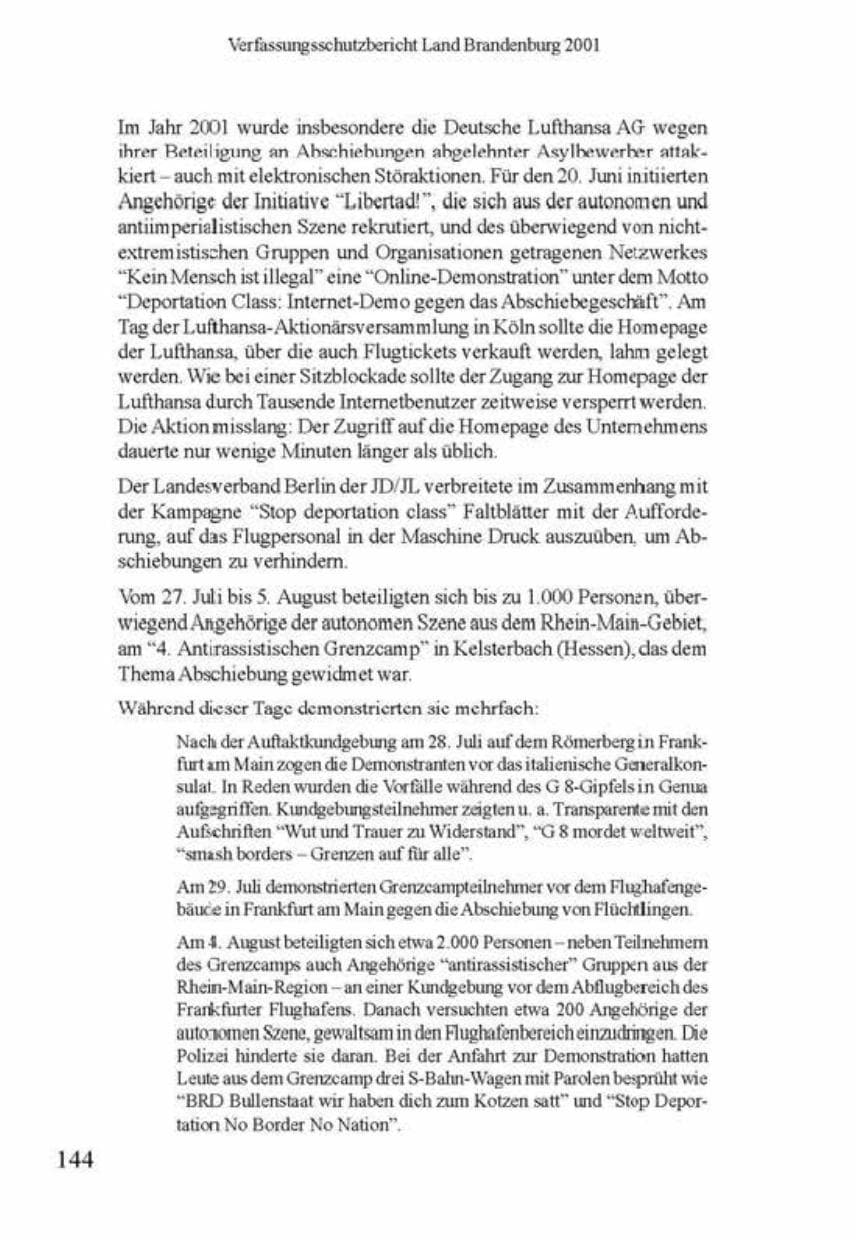 Seite 148 des Verfassungsschutzbericht 2001 Brandenburg