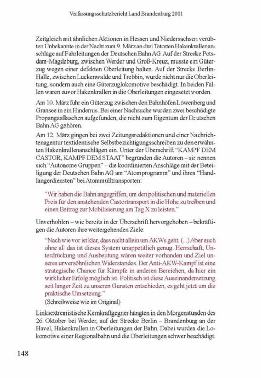 Seite 152 des Verfassungsschutzbericht 2001 Brandenburg