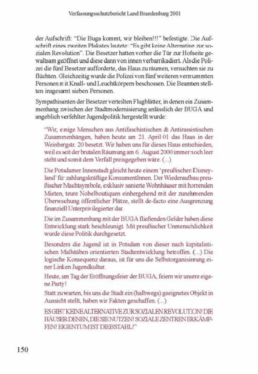 Seite 154 des Verfassungsschutzbericht 2001 Brandenburg