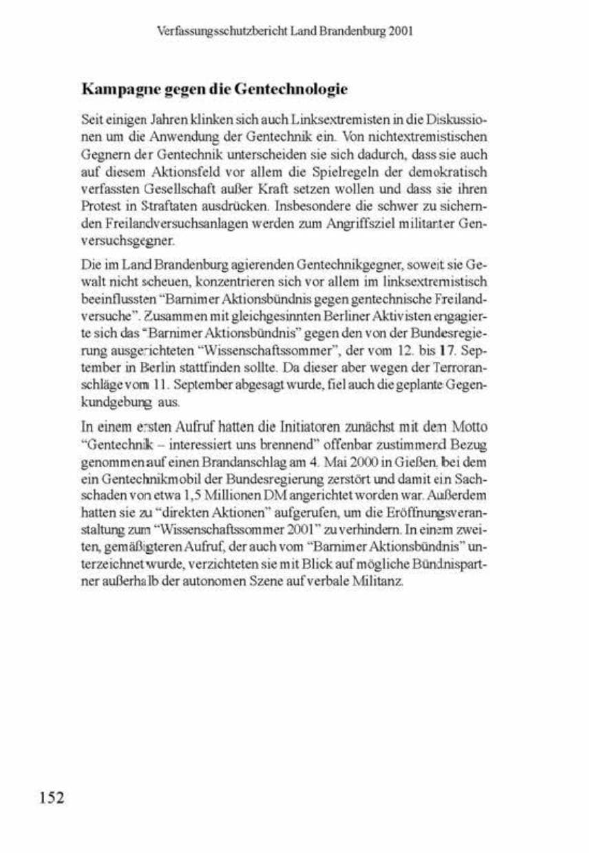 Seite 156 des Verfassungsschutzbericht 2001 Brandenburg