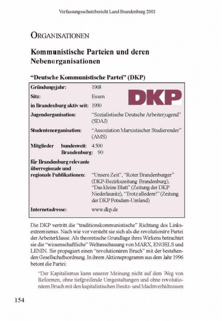 Seite 158 des Verfassungsschutzbericht 2001 Brandenburg