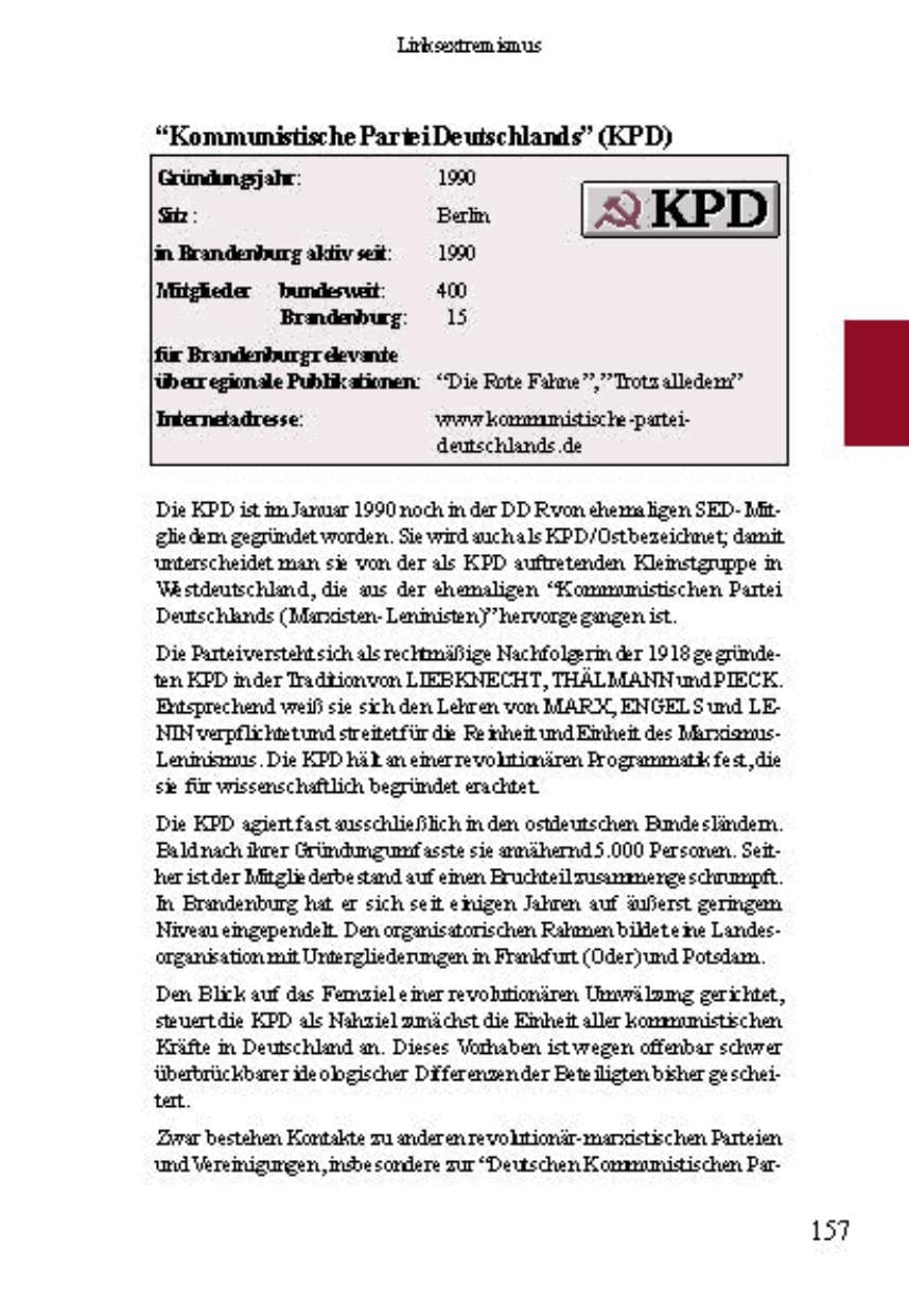 Seite 161 des Verfassungsschutzbericht 2001 Brandenburg