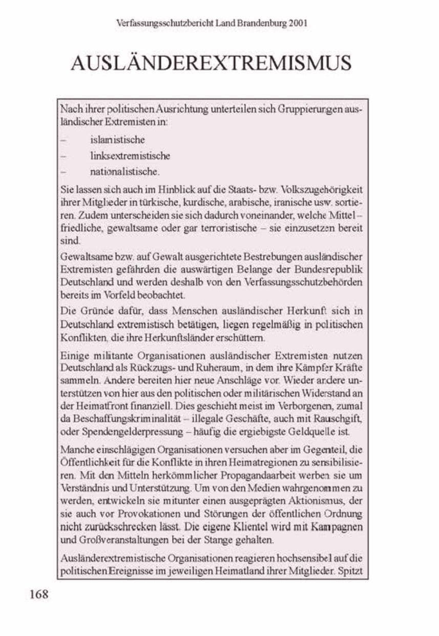 Seite 172 des Verfassungsschutzbericht 2001 Brandenburg