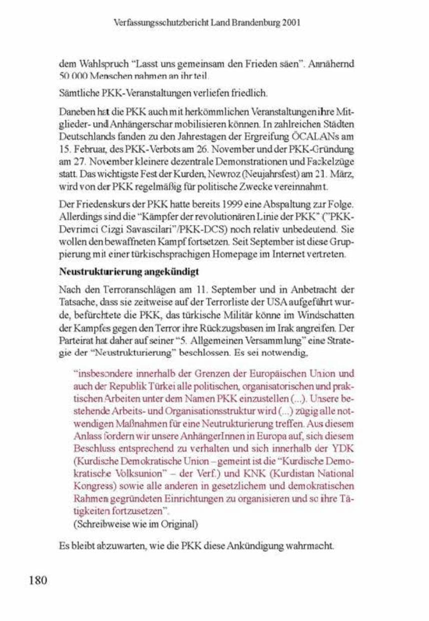 Seite 184 des Verfassungsschutzbericht 2001 Brandenburg