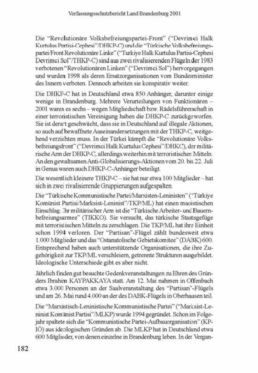 Seite 186 des Verfassungsschutzbericht 2001 Brandenburg